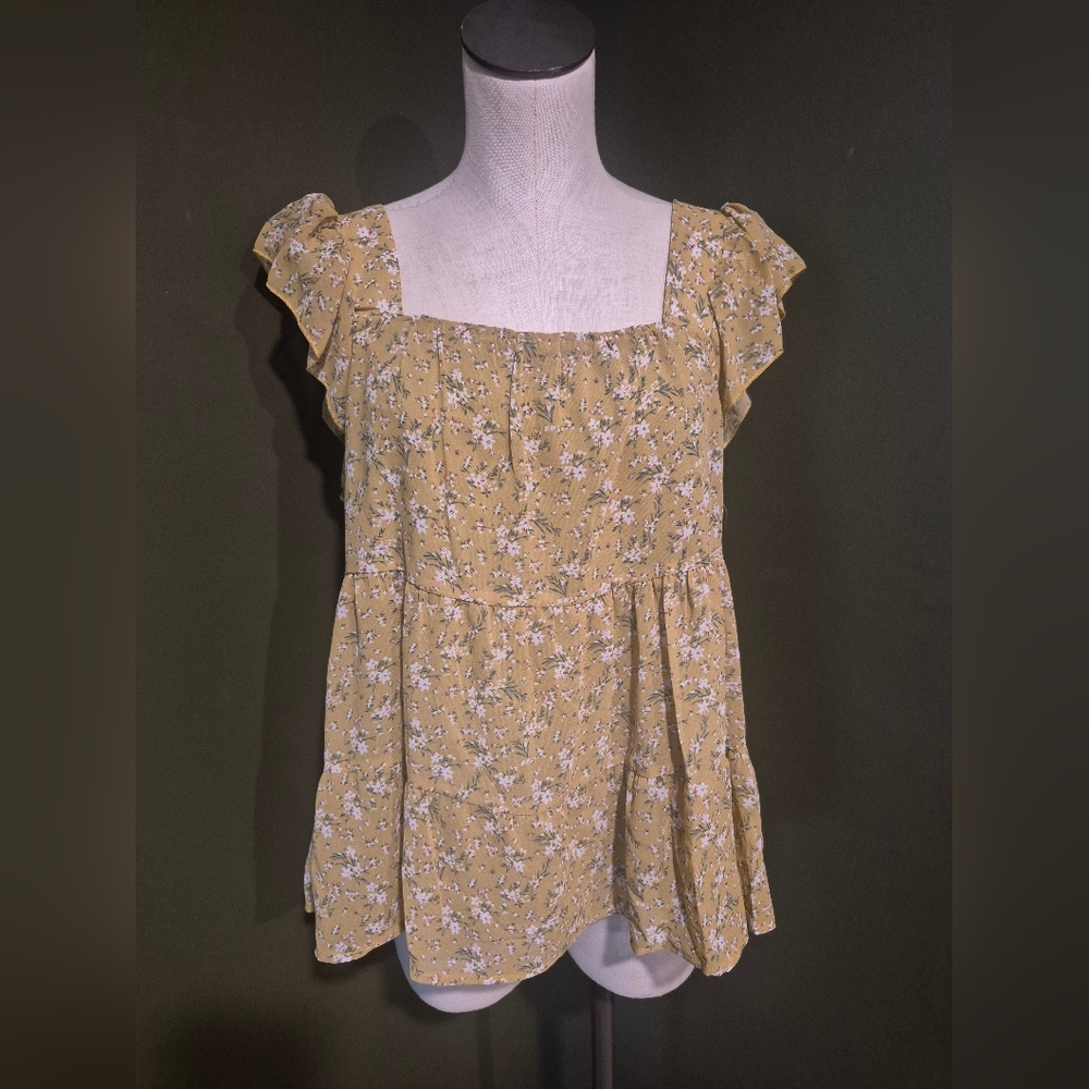 Floral Yellow Women's Babydoll Cut Square Neckline Top